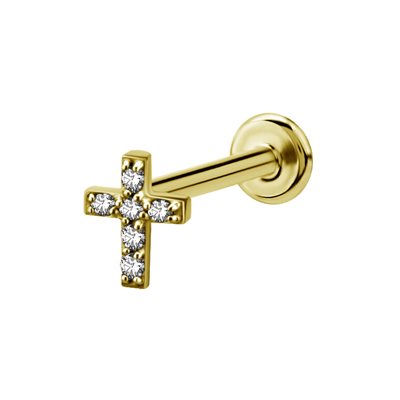 24k gold plated internal labret w. jewelled cross attchment