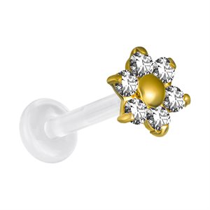 Bioplast push in labret with 18k gold jewelled flower